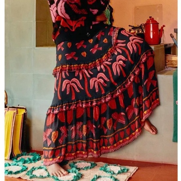 FARM Rio Black Tropical Magic Birds Tiered Maxi Skirt Size Large - Picture 1 of 8